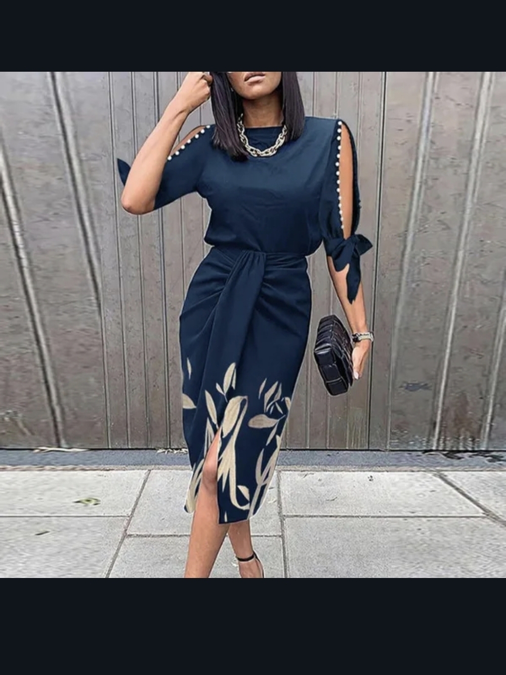 Elegant Royal Blue Midi Dress, Open Slit Sleeves, Gold Accents - XL